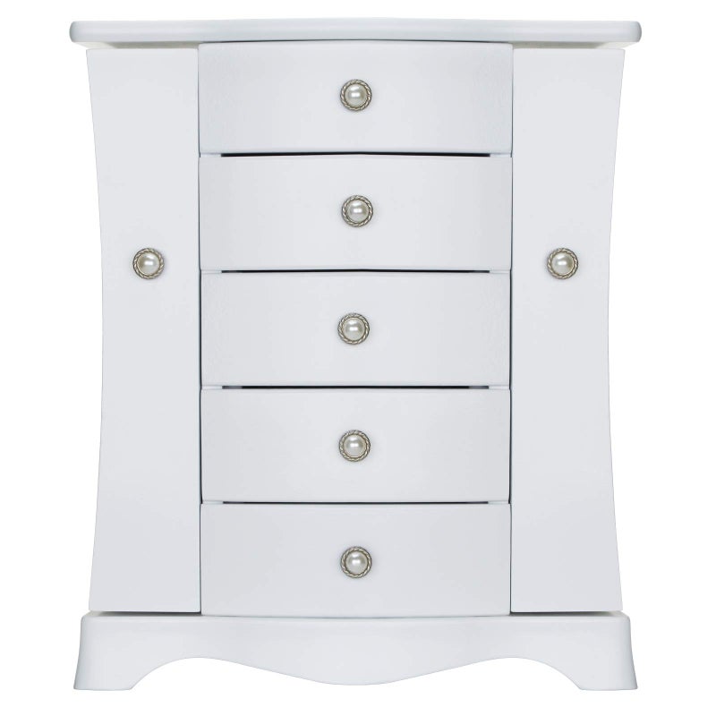 RR ROUND RICH DESIGN Jewelry Box - Made of Solid Wood with 4 Drawers Organizer and Built-in Necklace Carousel and Large Mirror White - Image 1